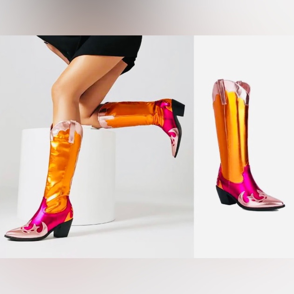 Multi Colored Metallic Chunky Block Heel Cowgirl Boots - Picture 2 of 9